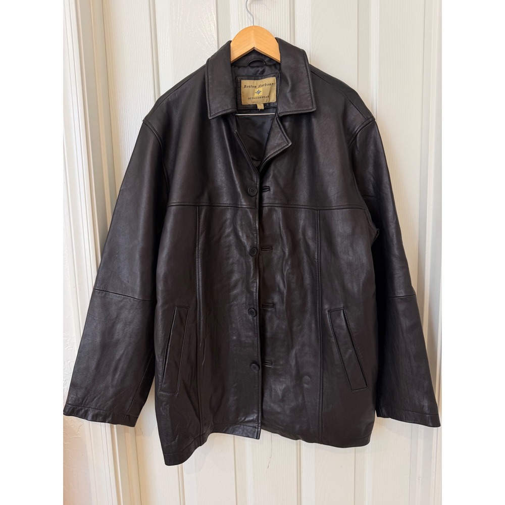 Boston Harbour Outdoorwear Mens Black Leather Button Front Car Coat Jacket L - Picture 2 of 16